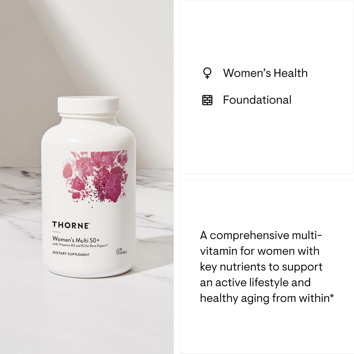 THORNE - Women's Multi 50+ - Comprehensive Daily Multivitamin with Vitamins A, B6, B12, C, D, E, K, Zinc & More - Support Heart, Brain, Bone & Immune Health* - 180 Capsules