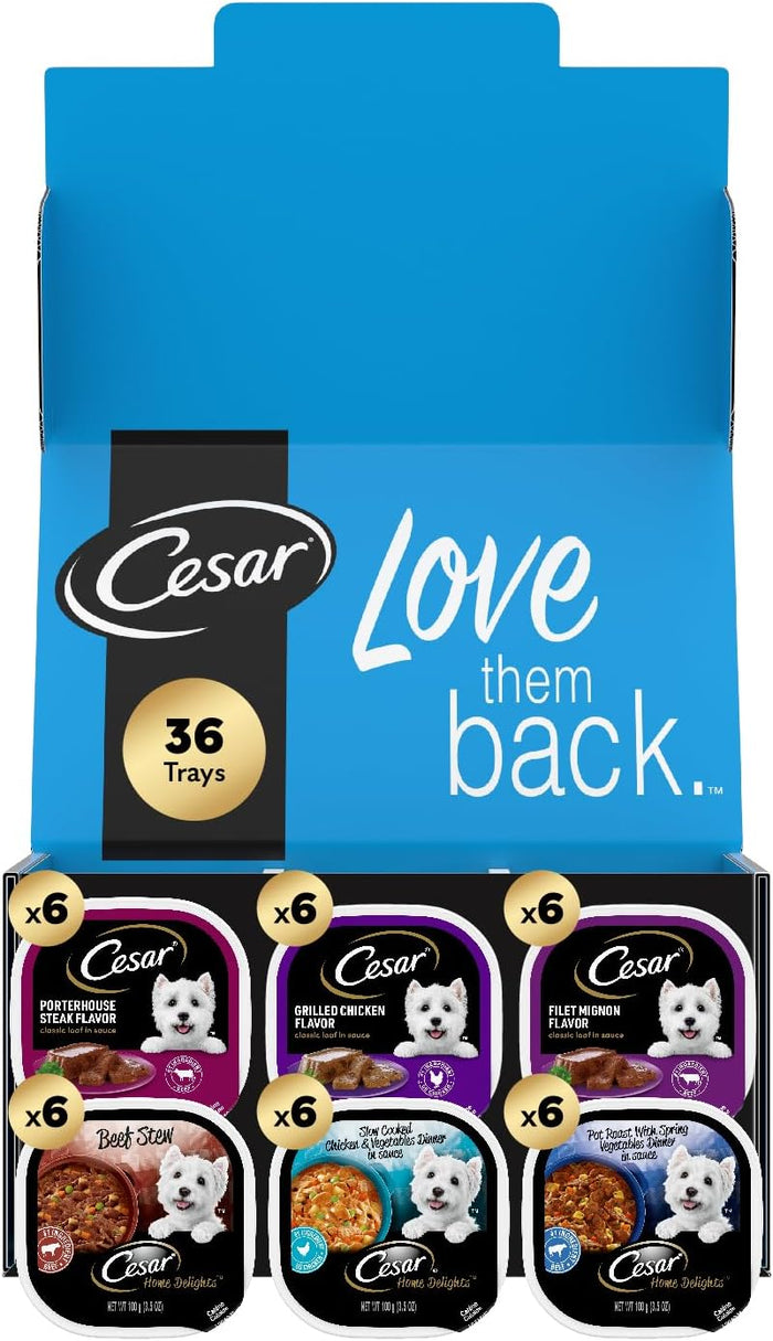 Cesar Wet Dog Food Classic Loaf in Sauce, Steak and Chicken Lovers Variety Pack with Real Meat or Real Chicken, 3.5 oz. Easy Peel Trays (36 Count, Pack of 1)