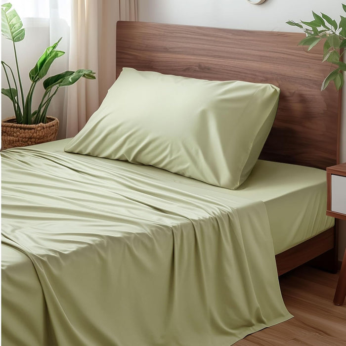 Viscose Derived from Bamboo, Soft Cooling Bedding with Silky Smooth Finish,16" Deep Pocket, Hypoallergenic, Breathable, 3 Piece Twin Luxury Hotel Sage Green Bed Sheet Set, Oeko-Tex Certified