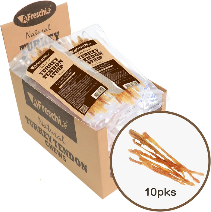 AFreschi Turkey Tendons for Dogs, USA-Sourced, Healthy Dog Treats, Rawhide-Free Puppy Chews, Long Lasting, All Natural, Hypoallergenic Dog Treats for Small Breeds, 4 Count Pack Bone (S)