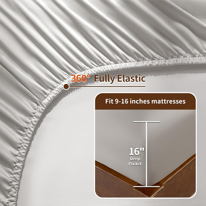 LBRO2M 100% Mulberry Silk Satin Sheets Set King Size Silk Fitted Sheet16 Deep Pocket Cool Bedding Sheet 4 Piece Wrinkle Resistant (King, Gray)