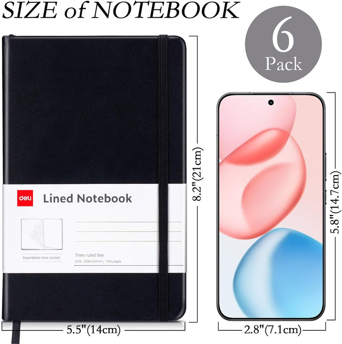 deli 6 Pack Black Lined Journal Notebook for Work, Moleskine Notebooks, A5 (5.5"x8.3"), 160 Pages Hardcover Journaling Notebooks, Black College Ruled Notebooks for Notes-taking/Work/Travel