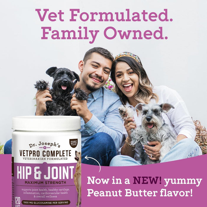 VetPro Complete Dr. Joseph's Peanut Butter Hip and Joint Dog Chews, 60 Count, Pain and Inflammation Relief with Glucosamine, Chondroitin, MSM, Turmeric, Vitamin C, Omega 3, Treats Hip Dysplasia
