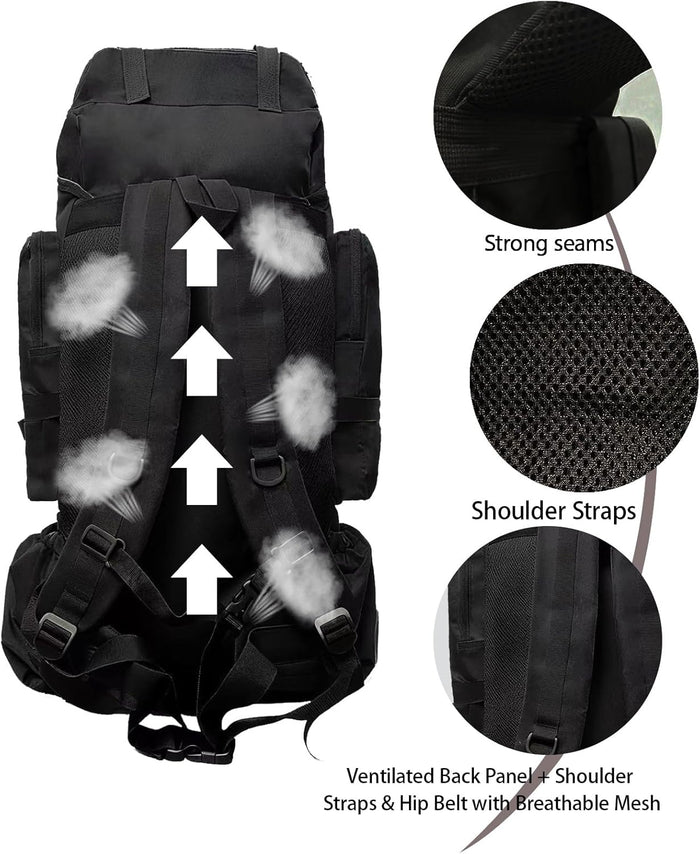 Tactical 80L Hiking Backpack with Dedicated Shoe Compartment - Large Capacity Rucksack for Camping Backpacking Men Women - Outdoor Trekking Travel Pack (Black)