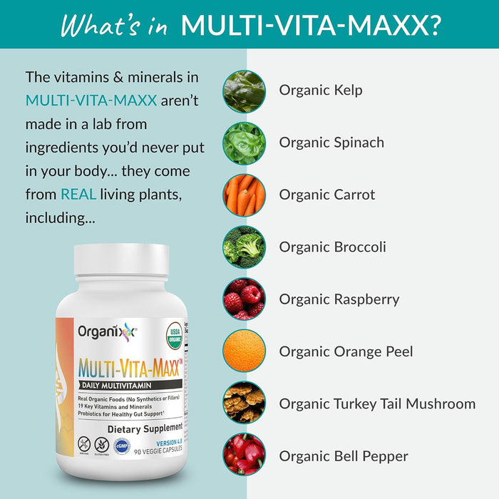 Organixx Vegan Multivitamin for Women & Men, with Vitamin C, D3, Vitamin B Complex, Probiotics, Organic Fruits and Vegetables, Supports Digestive, Gut Health, Immune Support, 90 Gel Capsules