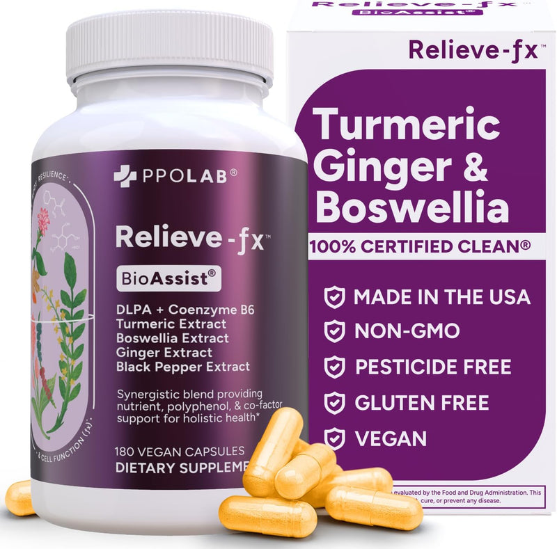 Relieve-fx™ DLPA Boswellia Turmeric and Ginger Supplement, Stress Relief, Heart, Digestion, Muscle Cramp, Joint, Inflammation Health, Vitamin B6 P5P, Boswellic Acid, Curcumin with Black Pepper - 90ct