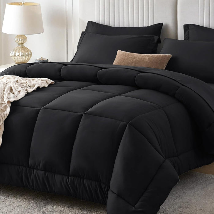 Sasttie Queen Comforter Set, 7 Pieces Bed in a Bag Queen, Complete Bedding Set Includes Grey Comforter, Flat Sheet, Fitted Sheet, Pillowcases and Pillow Shams, Dark Grey