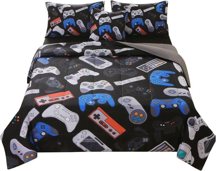 JQinHome Full Gamer Comforter Set,6 Piece Bed in A Bag 3D Video Game Bedding -All Season Down Alternative Gamer Bedding Sets - (Blue Game Controller)