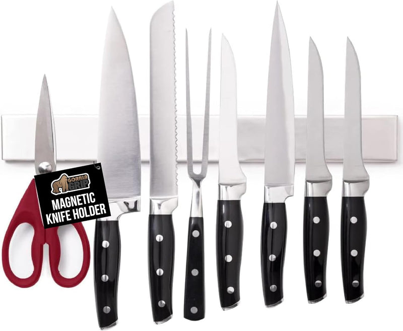 GORILLA GRIP Stainless Steel Magnetic Knife Holder for Wall, Multi-Purpose Magnet Bar for Knives, Tools, Art Supplies, Heavy Duty Strip Holds Up to 6 lbs, Kitchen Organizer, Drilling Required, 10 Inch