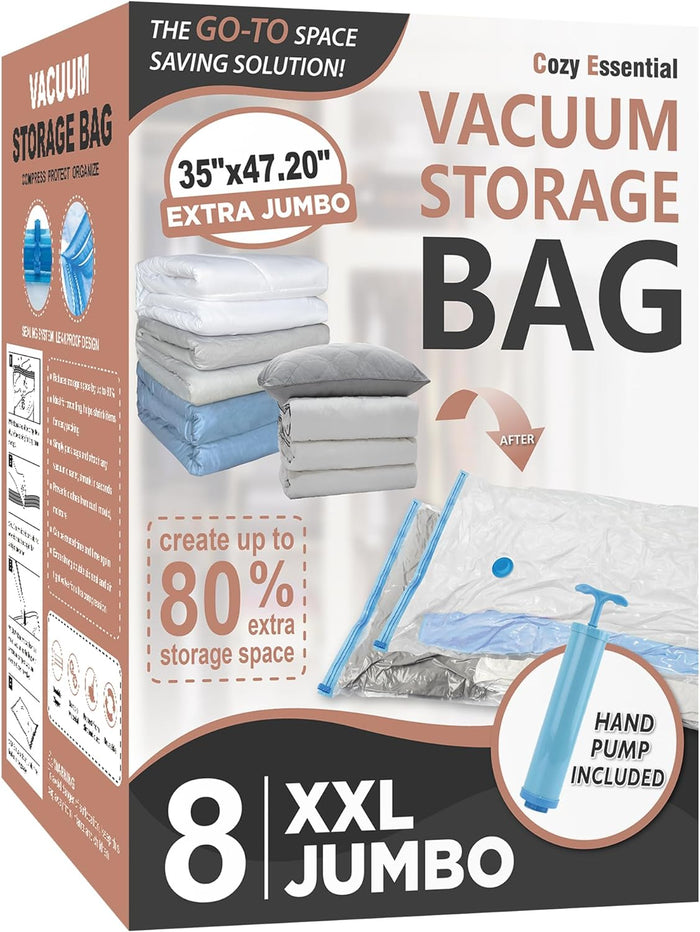 20 Pack Vacuum Storage Bags, Space Saver Bags (4 Jumbo/4 Large/4 Medium/4 Small/4 Roll) Compression for Comforters and Blankets, Sealer Clothes Storage, Hand Pump Included