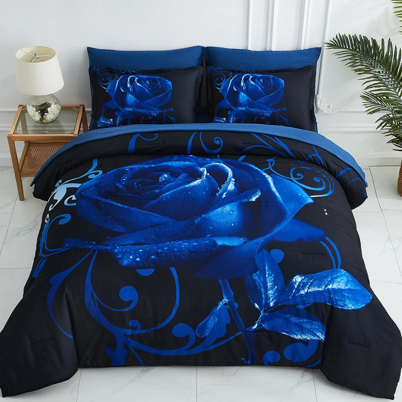 Xruibed Floral Comforter Set Queen 7 Piece Bed in a Bag Purple Rose Flower Comforter with Sheet Set Soft Micorfiber Bedding Set (1 Comforter,2 Pillow Shams,1 Flat Sheet,1 Fitted Sheet,2 Pillowcases)
