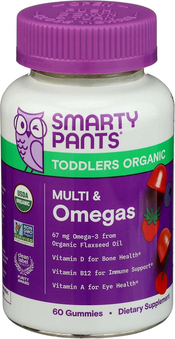 SmartyPants Organic Toddler Multivitamin Gummies: Probiotics, Omega 3 (ALA), Vitamin D3, C, Vitamin B12, B6, A, K & Zinc, Beta Carotene, Gluten Free, Three Fruit Flavors, 60 Count (30 Day Supply)