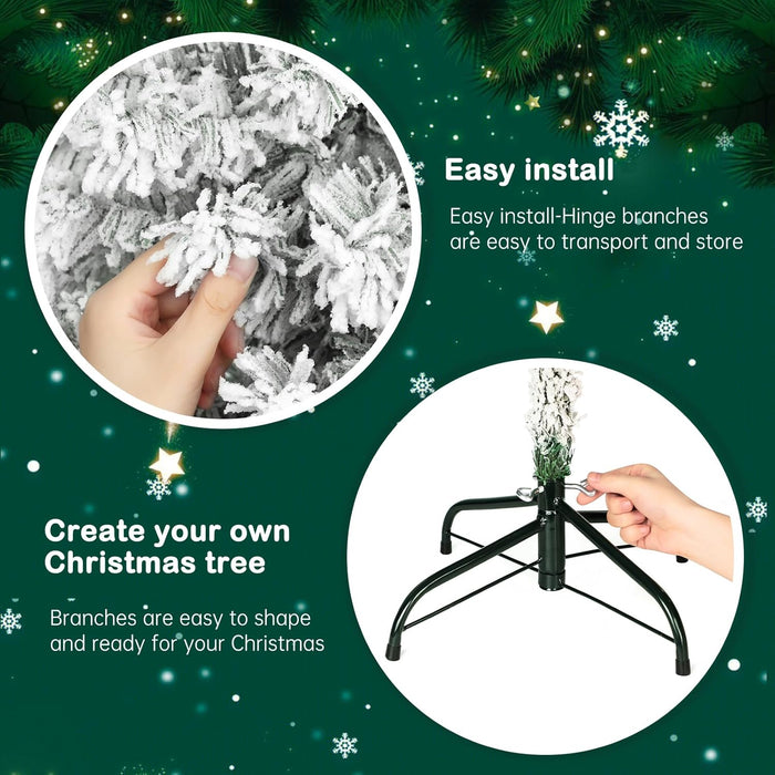6 FT Snow Flocked Artificial Christmas Tree, Full Xmas Tree with 1000 Automatically Expanding Branch Tips, Foldable Metal Stand and Hinged Branches, Holiday Decoration for Home, Party, White