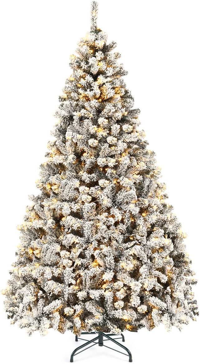 Goplus 6ft Pre-Lit Artificial Christmas Tree, Premium PVC Snow Flocked Hinged Pine Tree with Metal Stand and LED Lights, Perfect Xmas Decoration for Indoor and Outdoor