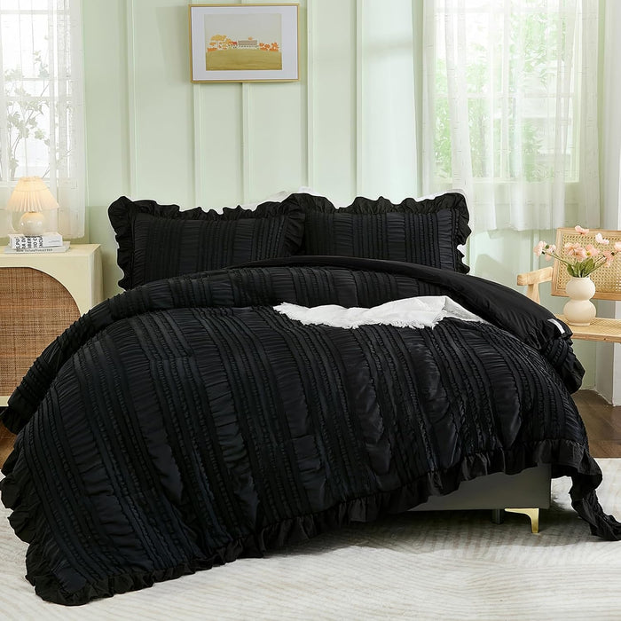 WONGS BEDDING White Queen Comforter Set,Boho Ruffle Comforter for Queen Bed,Soft Seersucker Shabby Chic Bedding Set with 1 Comforter,2 Tufted Pillowcases 90"×90"
