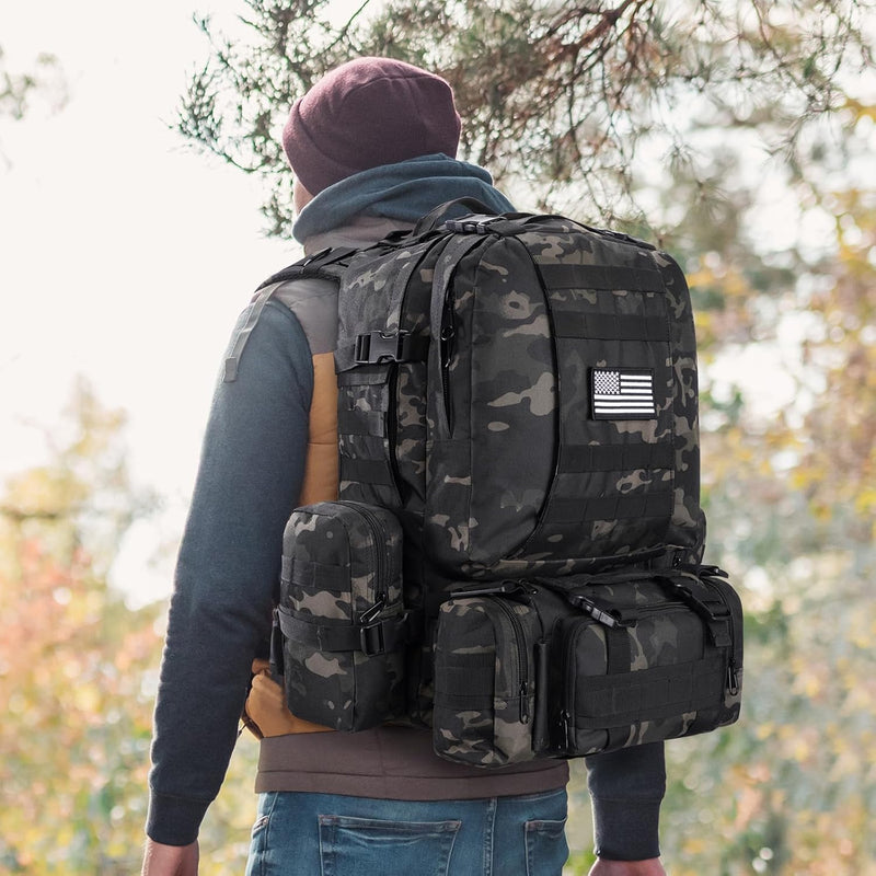 60L Tactical Military Backpack Large Capacity Army Rucksack with Detachable Molle Pouches for Men and Women (Black Camo, Large)