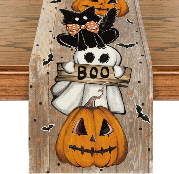 Artoid Mode Polka Dot Ghost Pumpkin Cat Boo Halloween Table Runner, Bat Seasonal Fall Kitchen Dining Table Decoration for Home Party Decor 13x72 Inch