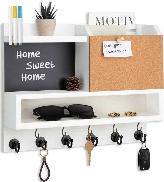 Key Holder for Wall Mount with Mail Organizer, Farmhouse Key Holder for Wall with Shelf, Chalkboard&Corkboard, Entryway Organizer 11 Metal Hooks, Decorative Natural Pine Wood, 14.6*11.1*3.3”, B-Brown