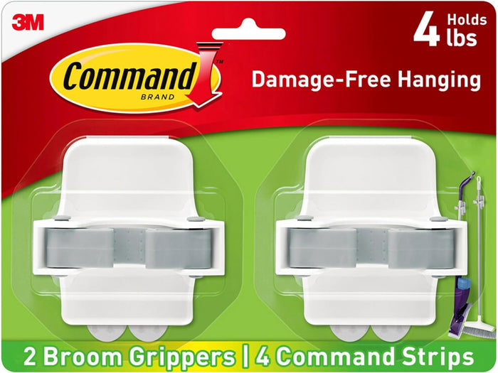 Command Broom and Mop Grippers, 2 Hangers and 4 Command Strips, Damage-Free Hanging Wall Mount Broom and Mop Holder, Household Cleaning Organizer for Organization and Storage, Holds up to 4 lb