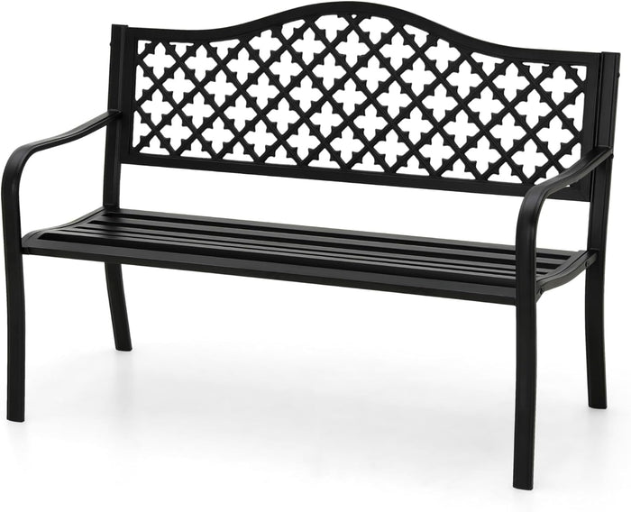 MFSTUDIO 50 Inches Outdoor Garden Bench, Cast Iron Metal Frame Patio Park Bench with Floral Pattern Backrest, Arch Legs for Porch, Lawn, Yard-Bronze