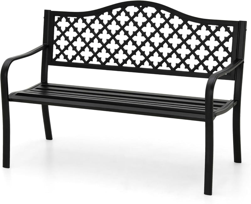 MFSTUDIO 50 Inches Outdoor Garden Bench, Cast Iron Metal Frame Patio Park Bench with Floral Pattern Backrest, Arch Legs for Porch, Lawn, Yard-Bronze