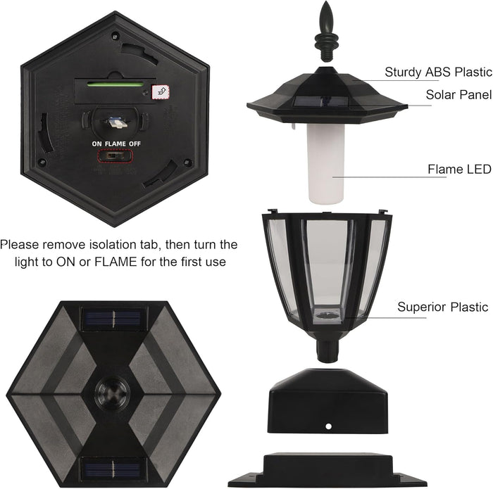 Dynaming Solar Flame Post Lights, Fence Post Cap Lights, LED Lantern, Fit 4x4, 5x5 or 6x6 Wooden Posts