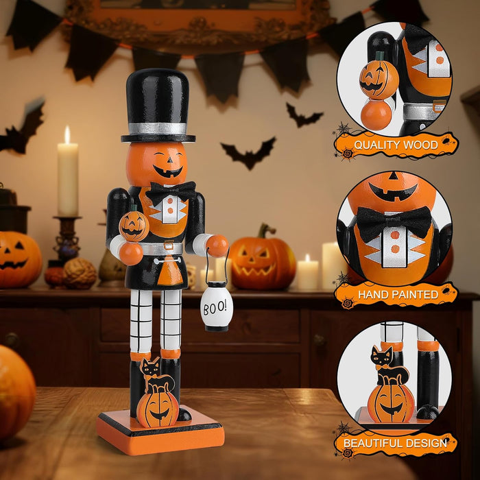 10" Halloween Decorative Nutcrackers, 2 Skeleton, Pumpkin Handmade Wooden Puppet Figures, Collectible Festive Present Figurine Shelves Tables Decorations