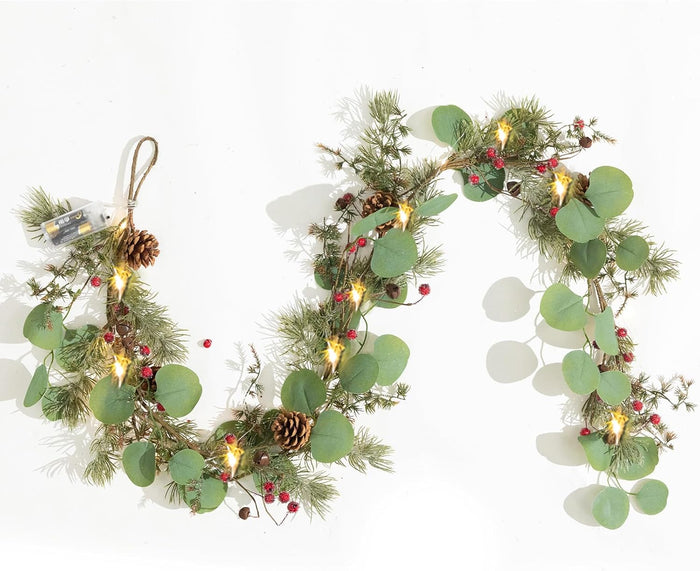 LOHASBEE Christmas Garland, 6FT Festive Christmas Garland with Green Leaves, Red Berries, and Pine Cones - Perfect for Christmas Holiday Decor Garden Gate Home Wall Window Stair Decor