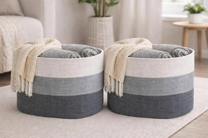 Basket, Set of 2 Medium Cotton Rope 15.3"x 9.8"x9.6" Woven Storage Basket for Baby Laundry, Blankets & Toys, Deco Rope Basket with Side Handle Slots for Nursery, Bedroom & Home Organization - Set of 2