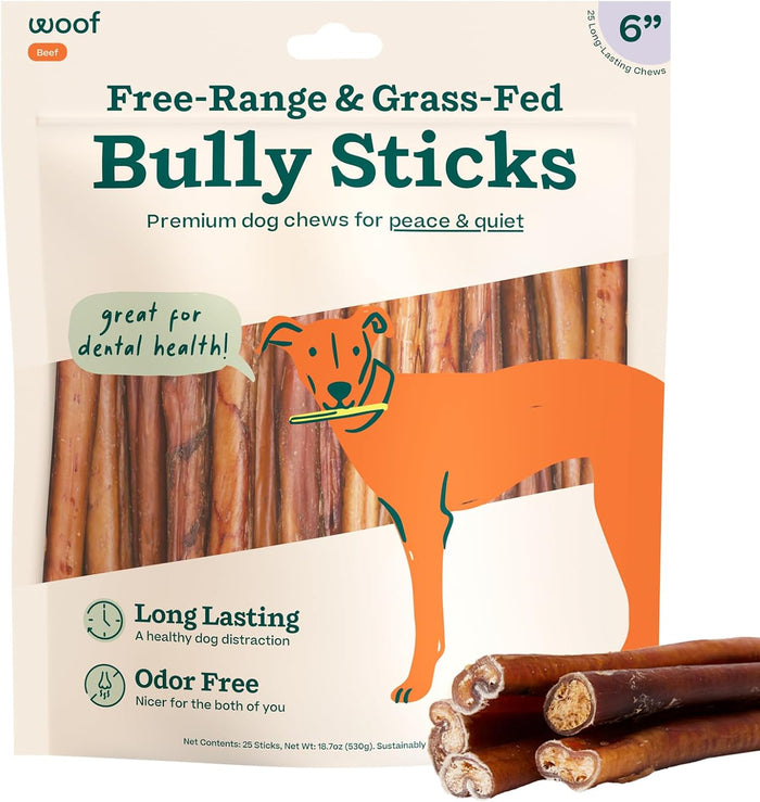 WOOF Bully Sticks Dog Treats - Chew Sticks for Dogs - Long-Lasting Dog Chew Treats - Made with Free-Range, Grass-Fed Beef - 6" Sticks - 25pk