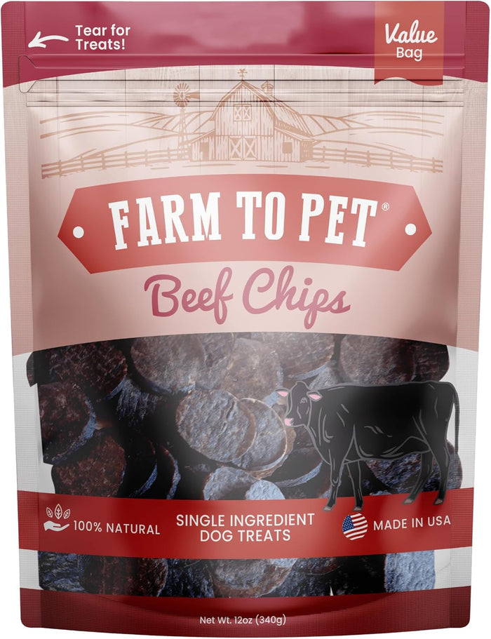 Farm To Pet - Dog Training Treats - 4 oz Beef Chips, Single Ingredient, Lean, All Natural, Healthy Treats for Small, Medium, Large Dog Breeds, & Puppies, Made in USA