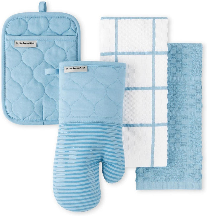 KitchenAid Quilted Cotton Terry Cloth Oven Mitt, Pot Holder, Kitchen Towel 4-Pack Set, Heat Resistant, Silicone Grip, Gift Set, Matte Black, 16"x26", 7"x13" & 7"x10"