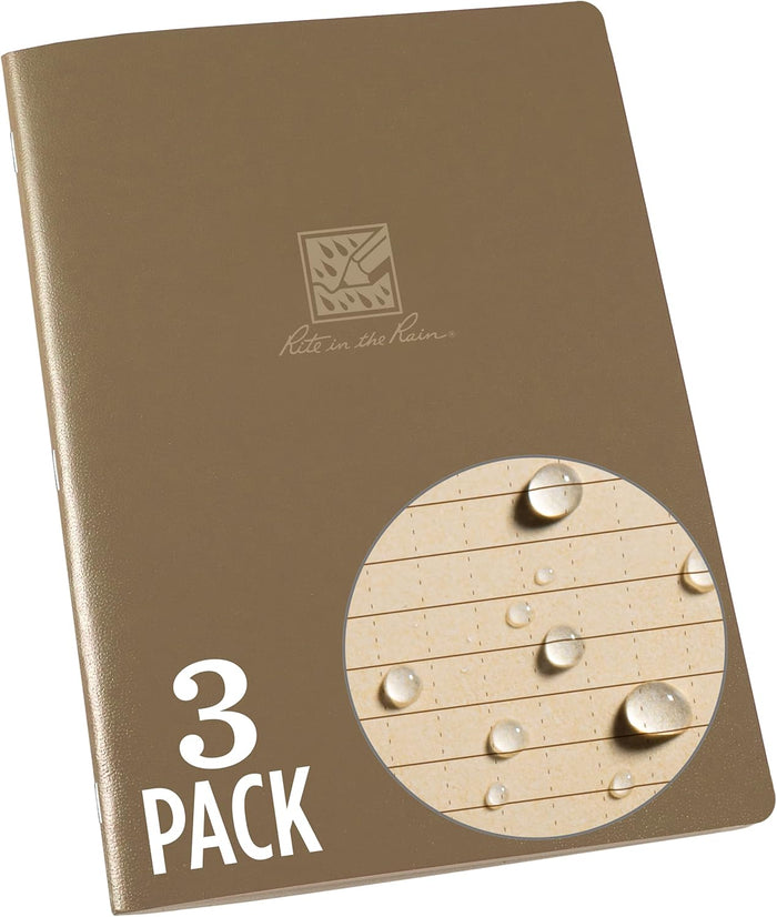 Rite in the Rain Weatherproof Side Spiral Notebook, 6.625" x 8.5", Black, Tan, and Green Covers, Dot Grid Pattern, 3 Pack (No. TAC3DG-LG)