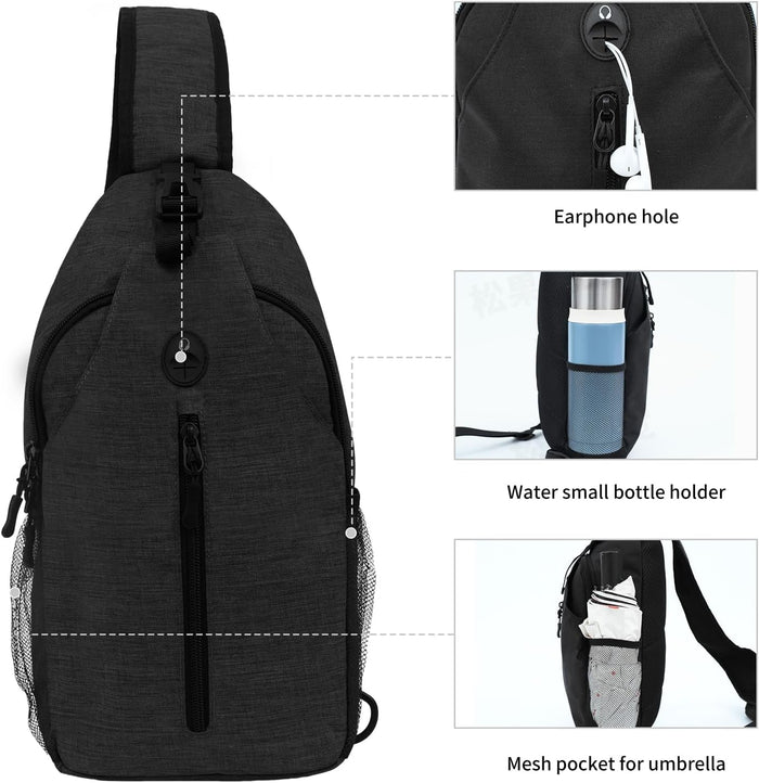 Sling-Bag Crossbody-Bag Women-Men Backpack-Daypack - Hiking Chest Travel with Water Bottle Pocket Portable Hiking Daypacks For Women Black