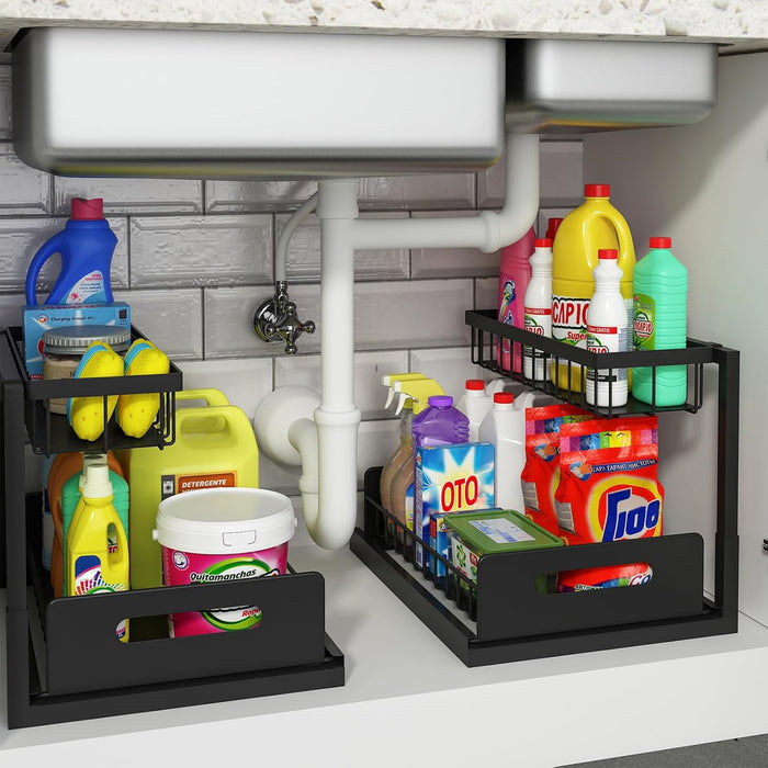 REALINN Under Sink Organizer, Pull Out Cabinet Organizer 2 Tier Slide Out Sink Shelf Cabinet Storage Shelves, Storage for Kitchen Bathroom, White, 2 Pack
