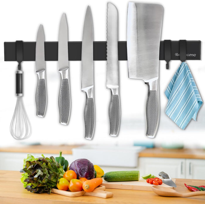 Magnetic Knife Holder for Wall, 10 Inch black Magnetic Knife Strip no Drilling with 2 Hooks, Stainless Steel Magnet Knife Holder, Powerful Magnetic Knife Rack for Knives, Utensils and Tools