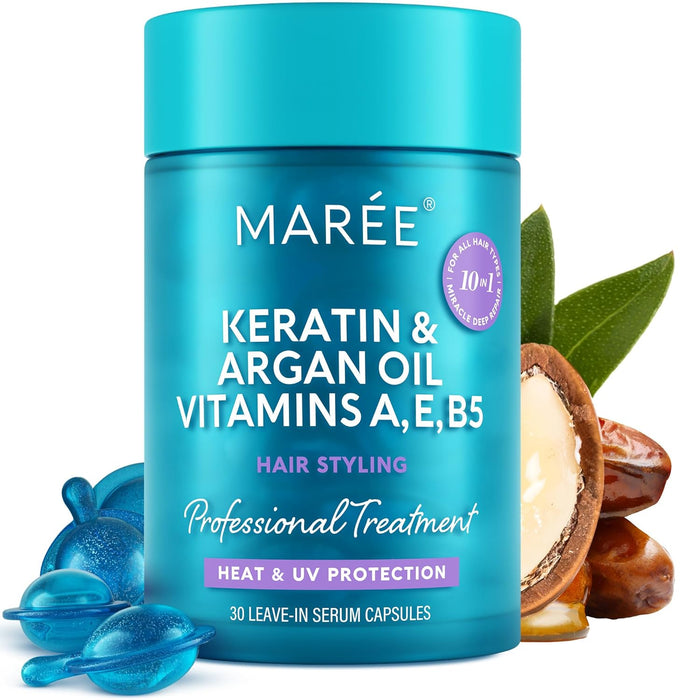 MAREE Hair Oil for Frizzy Hair with Argan Oil, Keratin & Biotin – Hair Serum for Dry and Curly Hair Gloss – Frizz Control Hair Care Products for Women – Aceite Para el Cabello – Keratin Hair Treatment