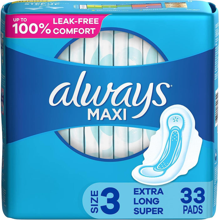 Always Maxi Feminine Pads with Wings for Women, Size 2, Long Super Absorbency, Unscented 60 Count