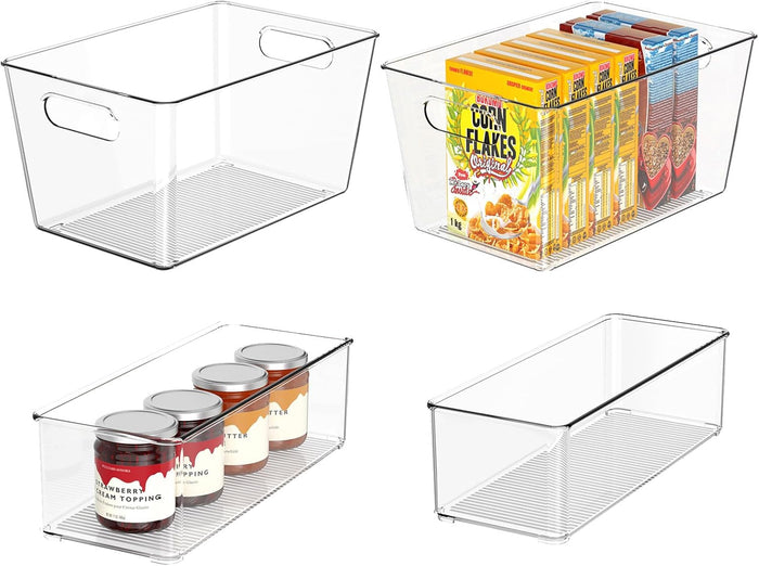 Set of 8 Clear Plastic Storage Bins, 6 Large +2 Small Pantry Organizers and Storage Containers for Kitchen Organization, Home Storage Essentials for Office, Closet, Garage, Freezer& Bathroom