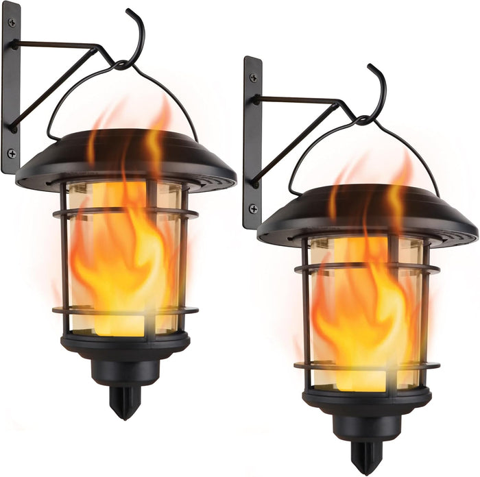 Dynaming Solar Purple Flame Wall Lanterns, Outdoor Halloween Hanging Lights, Flickering Flame LED Auto On/Off Wall Mounted Sconce Lights with Hooks, Waterproof for Garage Stair Patio Porch, 4 Pack