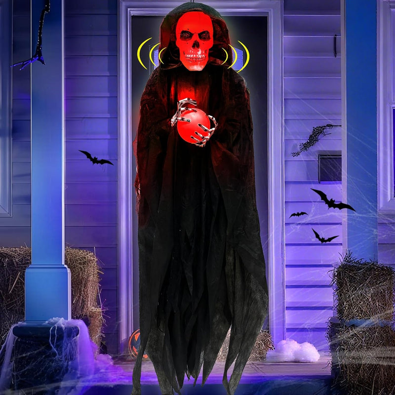 [ Sound Activated & Large ] 70 Inch Halloween Animatronic Hanging Talking Pirate Ghost Decoration Light up Eyes Shake Life Size Skull Skeleton Halloween Decor Outdoor Haunted House Prop Yard Party