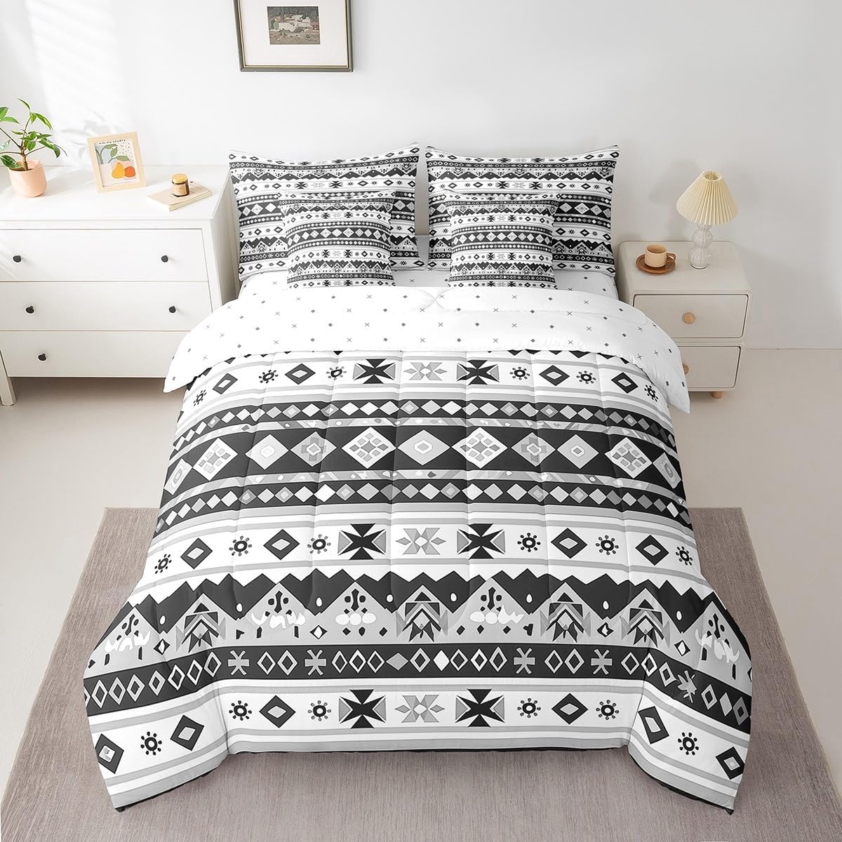 Feelyou Western Bohemian Bed Set Boys Girls Twin Size Nordic Style 7 Pieces Beeding Set Ultra Soft Native American Design Boho Bed in a Bag with Comforter, Sheets, Pillowcases Tribe