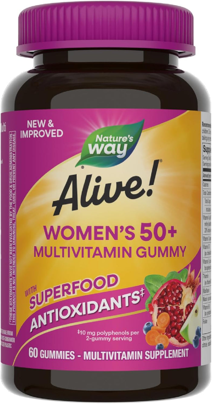 Nature's Way Alive! Women's 50+ Daily Gummy Multivitamins, Women's Supplements, Supports Healthy Heart, Brain & Bones,* B-Vitamins, Mixed Berry Flavored, 130 Gummies (Packaging May Vary)
