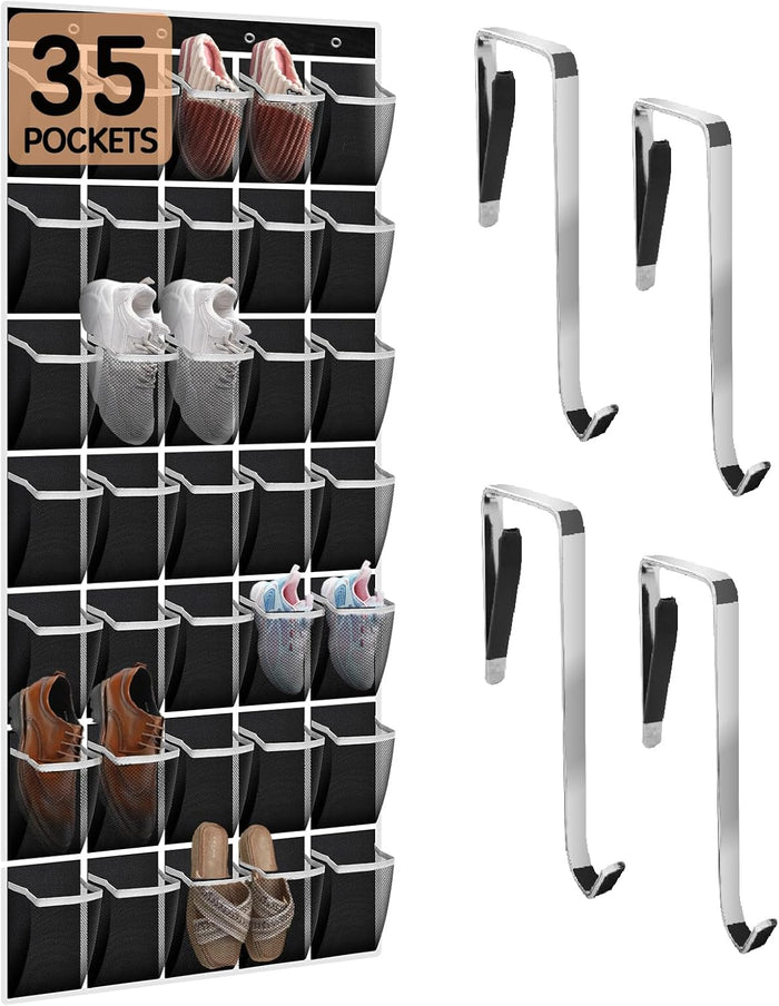 10 Tier Over The Door Organizer - Heavy Duty Hanging Storage Rack with Sturdy Oxford Fabric, Holds 20+ Pairs of Footwear, Boots & Sneakers, Saves 50% Closet Space (Black)