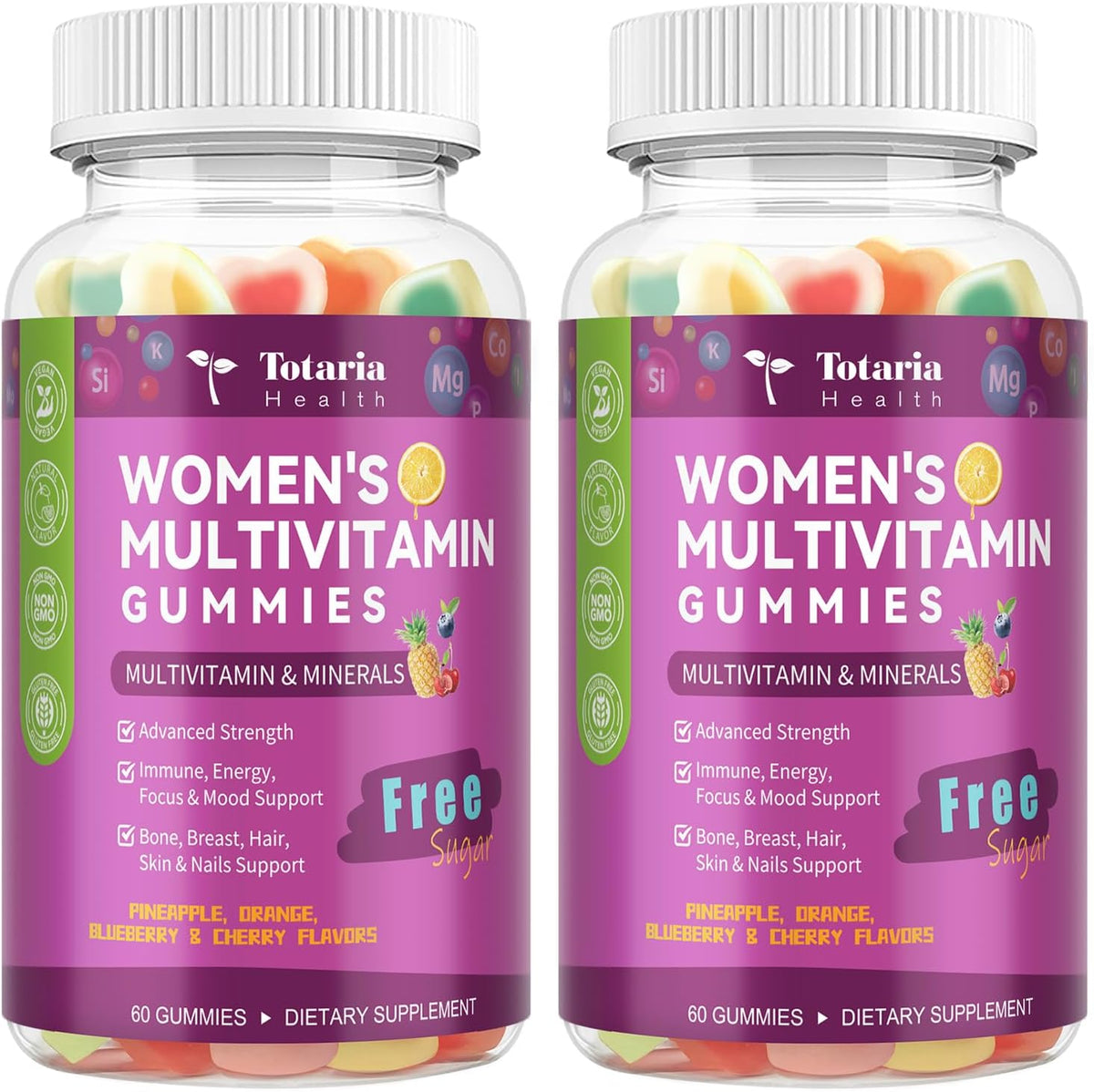Sugar Free Multivitamin Gummies for Women 14+ w/Iron, Inositol, Folate, Biotin, Womens Daily Multivitamin Gummy w/Vitamin A, C, B, D3, K2, for Hair, Skin, Energy, Immune, Strawberry Flavor