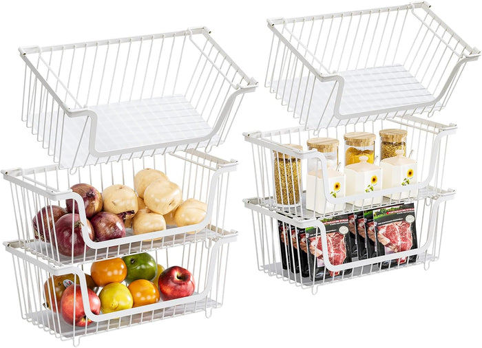 4 Pcs Stackable Wire Baskets for Pantry Organizers and Storage,Vegetable Fruit Basket for Countertop,Kitchen Storage Metal Baskets,Produce Potato Onion Storage Bin,Black