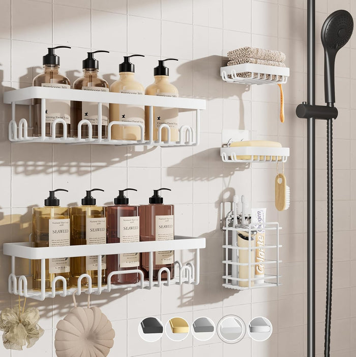 Veken Rustproof Shower Caddy 6-Pack, No Drilling & Waterproof Adhesive Shower Shelves Rack with Soap Holder, Large Capacity Bathroom Organizers and Storage, Wall-Mounted Kitchen & Home Decor