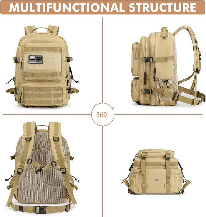 G4Free 45L Military Tactical Backpack for Men Large Army Molle Daypack 3 Day Assault Pack Bug Out Bag Hiking Rucksack(Khaki)