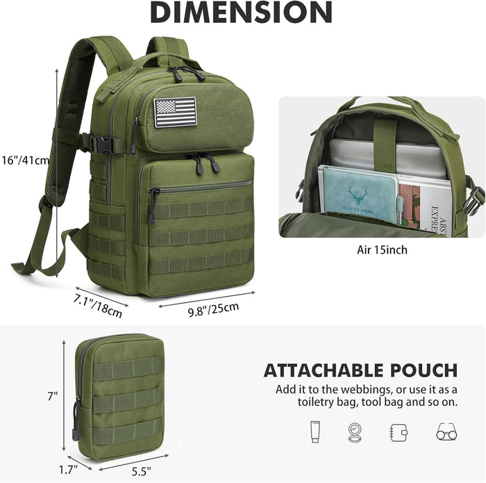 G4Free 25L Small Backpack Fits 15" Laptop, Tactical Work Back Pack Travel Bag for Men, Dark Green