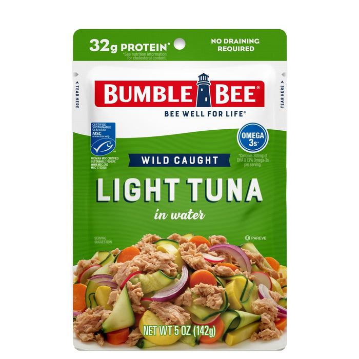 Bumble Bee Chunk Light Tuna in Water, 2.5 oz Pouches (Pack of 12) - Ready to Eat Wild Caught Skipjack Tuna Packet - 16g Protein per Serving - MSC Sustainable Seafood, Non-GMO, Gluten Free, Kosher